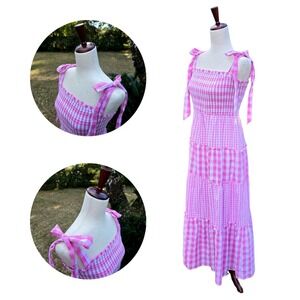 Pink Gingham Smocked Tiered Maxi Dress Shoulder Ties SIZE MED